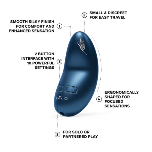 Blue ear device with buttons, designed for comfort, travel, focused sensations, solo or partner use, featuring a bee logo.