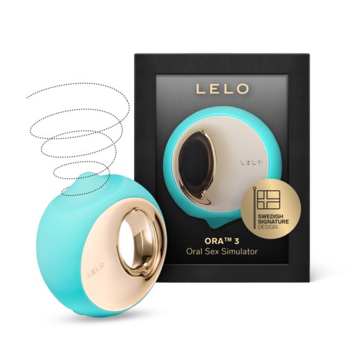 Ein blauer und goldener Gerät namens ORA T M 3, verwendet als oraler Sex-Simulator, mit seiner Verpackung mit LELO-Brand.