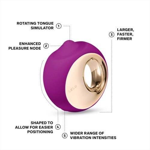 A purple device with a gold ring, designed for stimulation, with features that enhance pleasure and allow better positioning.