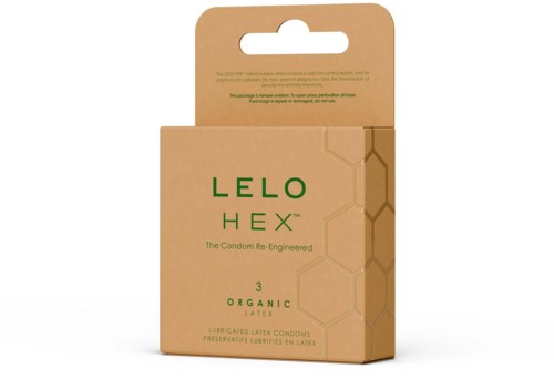Eine beige Verpackung mit grüner Schrift, die "LELO HEX" nennt und umweltfreundlicheLatex-Kondome enthält.
