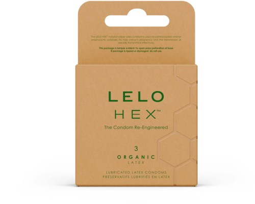 Ein brauner Karton mit grüner Schrift und Hexagon-Design, enthält LELO HEX Bio-Latex-Kondome.