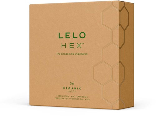 Ein beigen Karton mit grünen und braunen Hexagonmustern, mit dem Titel 'LELO HEX', erwähnt organische Latex-Kondome.