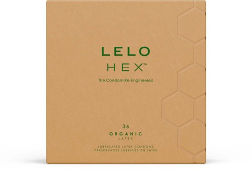 Die Schachtel ist beige mit grüner Schrift, erwähnt LELO HEX, 36 organische Latexkondome und ein Wabenmuster.