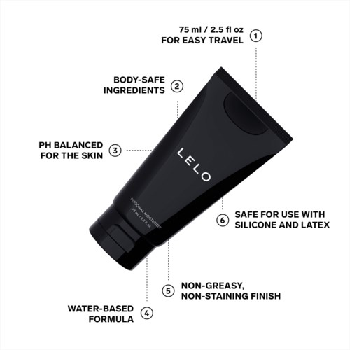 Eine schwarze Tube mit 'LELO' und Text zu Reise, hautfreundlichen Inhaltsstoffen, pH-Ausgleich, wasserbasierte Formel, nicht fettend, latexsicher.