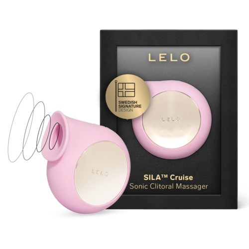 Rundes pinkes Gerät mit einer Goldkugel und einer Box dahinter, gekennzeichnet LELO SILA Cruise, ein klitoraler Massager.