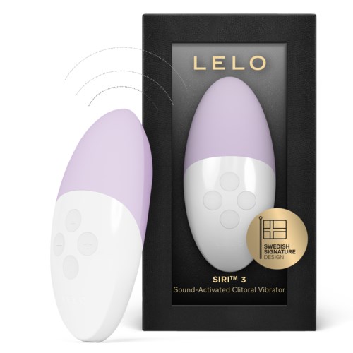 A purple and white sound-activated vibrator, with black packaging labeled "LELO" and "SIRI 3".