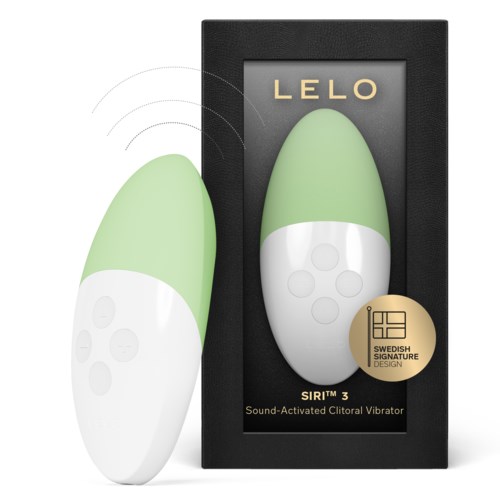 A wireless sound-activated device shaped like a light green and white oval, with product packaging mentioning Swedish design.