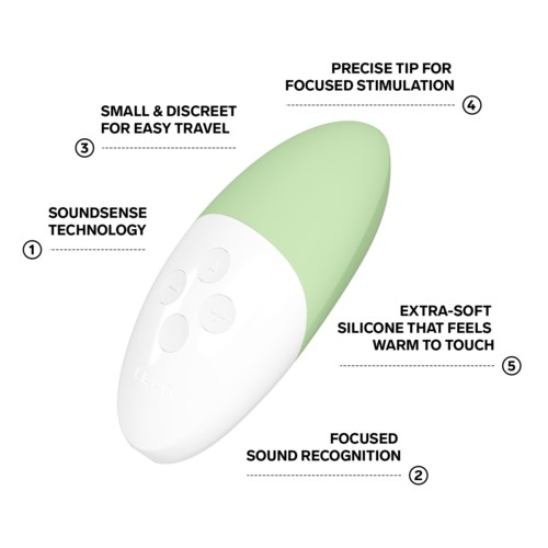 A small, travel-friendly device with sound technology, soft silicone tip, and features for focused stimulation and sound recognition.