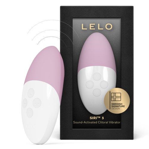 Ein ovalförmiges Gerät in Lila und Weiß und seine schwarze Verpackung, gekennzeichnet LELO, mit einem goldenen Badge. Es ist ein soundaktivierter Vibrator.