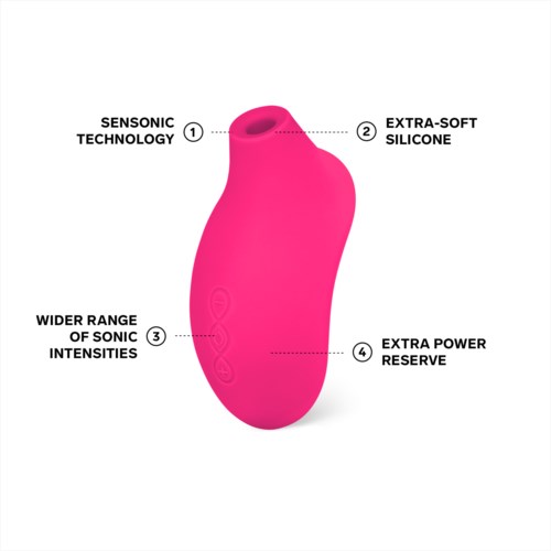 Pink device with labeled features: Silicon, power reserve, strong vibrations, and wide range of intensities.