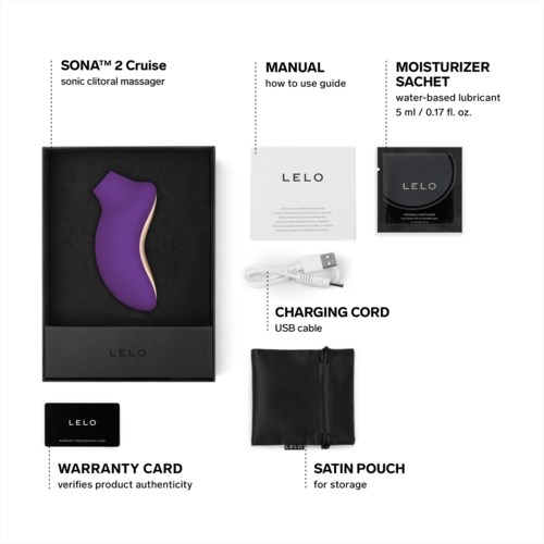 A product box with a purple item, manual, lubricant sachet, USB charging cable, warranty card, and satin pouch.