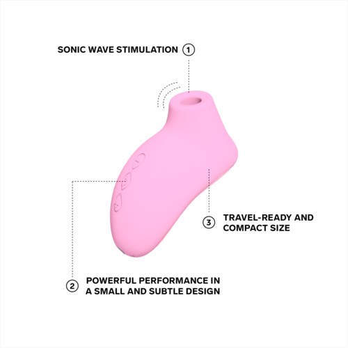 A pink, small, compact device with buttons, designed for sonic wave stimulation and travel use.