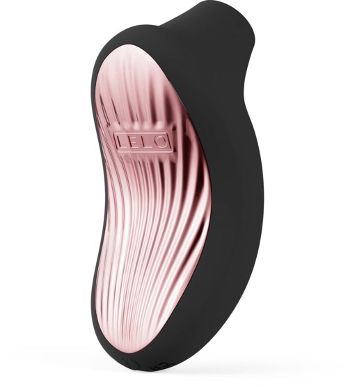A black and pink device with curved lines, possibly a personal care item, with a brand name 'GEL' on it.
