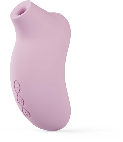 Pink handheld device with three buttons and a curved shape.