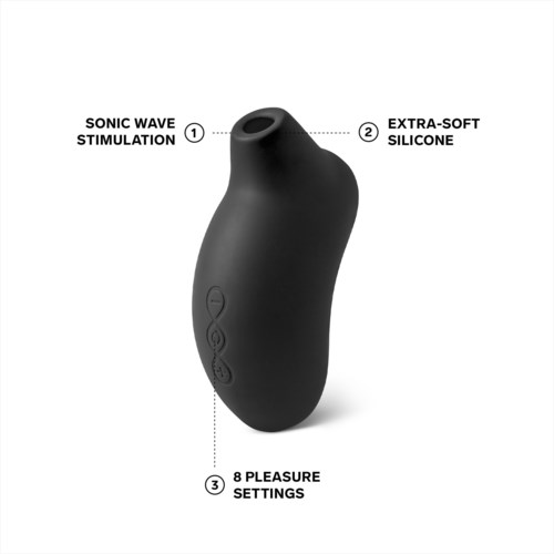 Ein schwarzes Gerät mit drei Beschriftungen: sonic wave stimulation, extra-soft silicone und 8 pleasure settings.