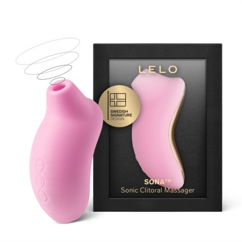 Ein rosa, gebogener Vibrator mit schwarzem Rahmen und goldener Beschriftung, für intime Zwecke. Es ist als Sonic Clitoral Massager gekennzeichnet.