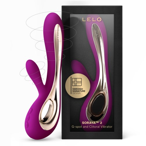 Ein lila und goldfarbener Personalvibrator mit mehreren Tasten, neben einer schwarzen Verpackung mit Marke und Beschreibung.