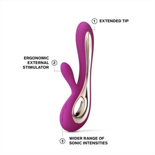 Ein lilanes Spielzeug mit verlängertem Kopf, ergonomischer Form und breitem Bereich an Schallintensitäten.