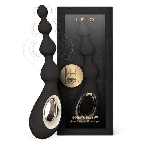 Ein schwarzer Anal-Perlen-Massager mit gebogener Form, beschriftet mit "LELO" und "Soraya Beads" auf der Verpackung.