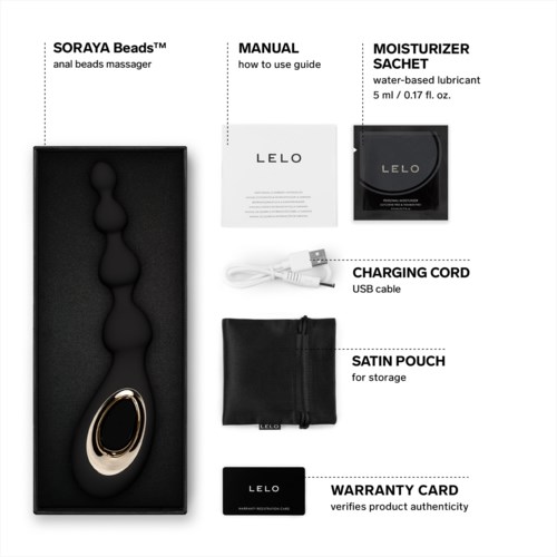 Eine Massagevorrichtung mit Perlen, eine Anleitung, Wasserbasierte Gleitmittel-Sachet, USB-Ladekabel, Satin-Aufbewahrungstasche und Garantiekarte.