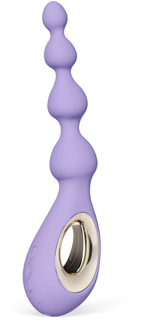 En lila, kurvig enhet med en guldring nära basen, designad för personlig eller intim användning.