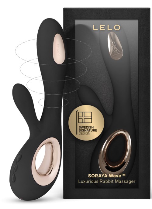 Ein hasenförmiger Massager mit schwarzem Design, goldenen Akzenten und Verpackung mit den Aufschriften "Soraya Wave" und "Lelo."