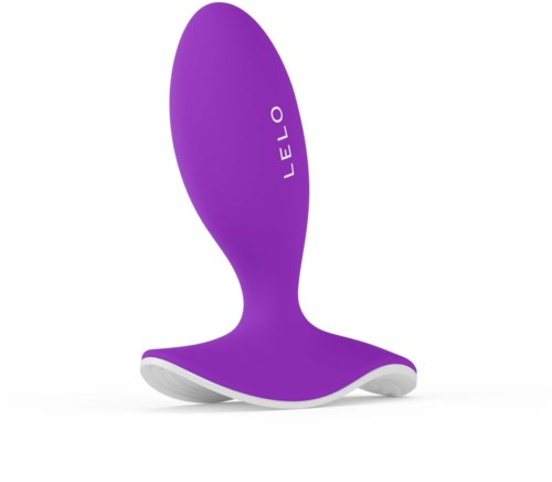 Ein lila gekrümmtes Gerät mit weißer Basis und dem Wort 'LELO'.