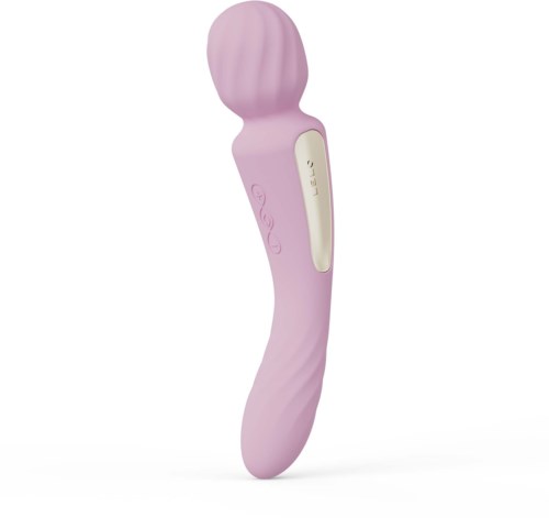Pink massage device with a rounded, textured head and a handle with buttons.