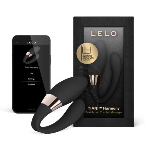 Ein Dual-Action-Massagegerät mit Smartphone, schwarzem Design und goldfarbenen Akzenten, gekennzeichnet 'LELO' und 'TianiTM Harmony'.