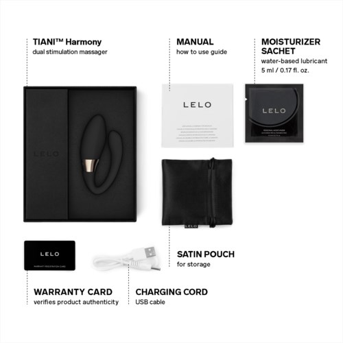 Ein Set mit einem schwarzen Gerät, Anleitung, Gleitmittelbeutel, Tasche, Garantie-Karte, USB-Kabel und Aufbewahrungstasche.