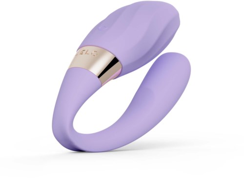 A purple personal massager with a curved shape and a gold ring near the tip.