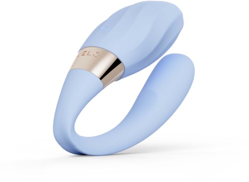 A blue silicone personal massager with a gold and silver band near the top.