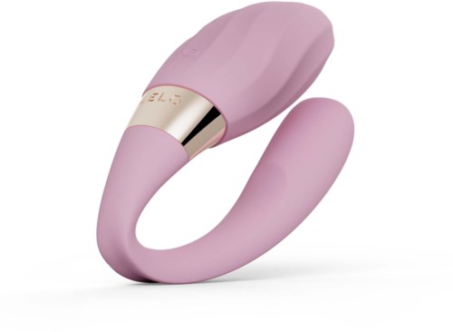 Pink silicone personal massager with a smooth, curved design and a gold accent near the base.