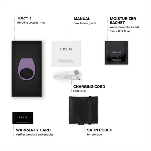 Verpackung mit lila Ring, Anleitung, Gleitmittel, USB-Kabel, Garantiekarte und Aufbewahrungspouch. Alle Artikel von LELO.