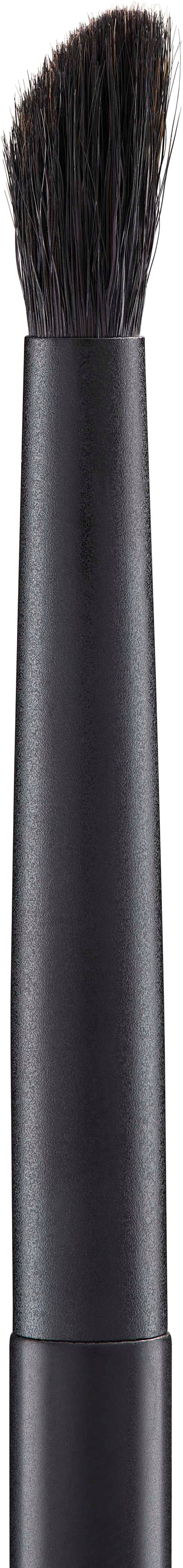 A black makeup brush with soft bristles and a long handle.