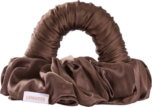 A brown satin handbag with a large, rounded, ruched handle and fabric ruffle decoration. Brand labeled LENOITES.