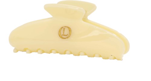 Een crèmekleurige haarspeld met een gouden 'L'-logo aan de zijkant.