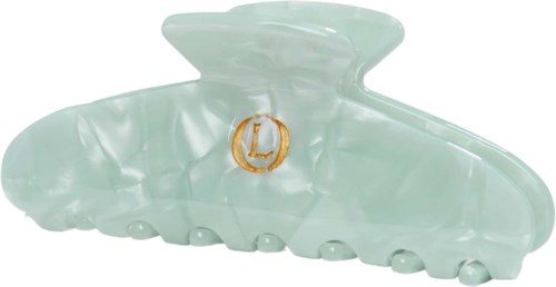 Light green plastic hair claw with a gold letter L inside a circle.