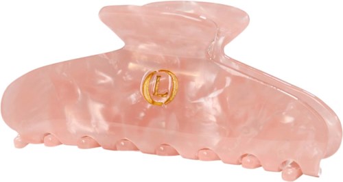 A pink, marbled hair clip with a gold 'L' emblem on the side.