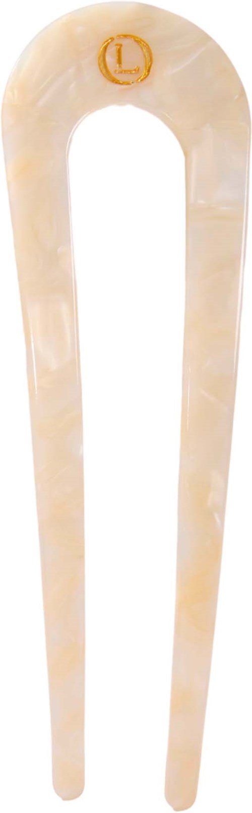 A beige plastic fork with a small orange logo at the top.