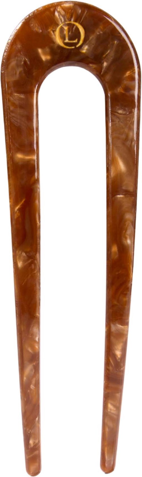 A brown hairpin with a gold circle and letter L at the top.