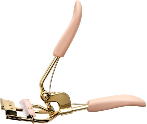 Een roze oogcrimper met gouden delen en twee roze klemmen om de wimpers te krullen.