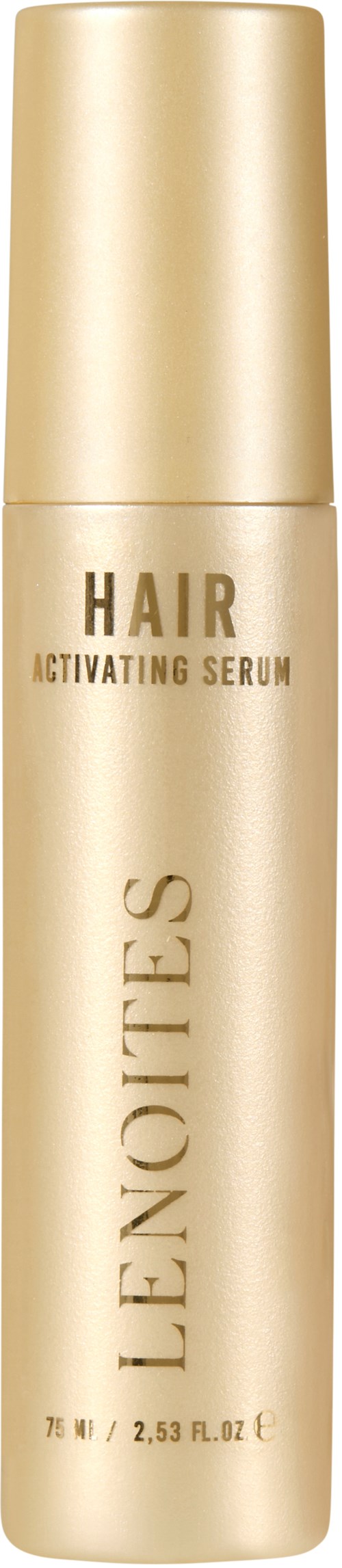 En gullfarget sprayflaske merket 'L'ENONITES Hair Activating Serum'.