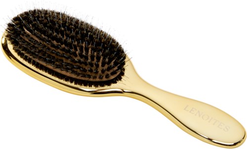 A gold-colored hairbrush with black bristles, branded 'LENOXES'.