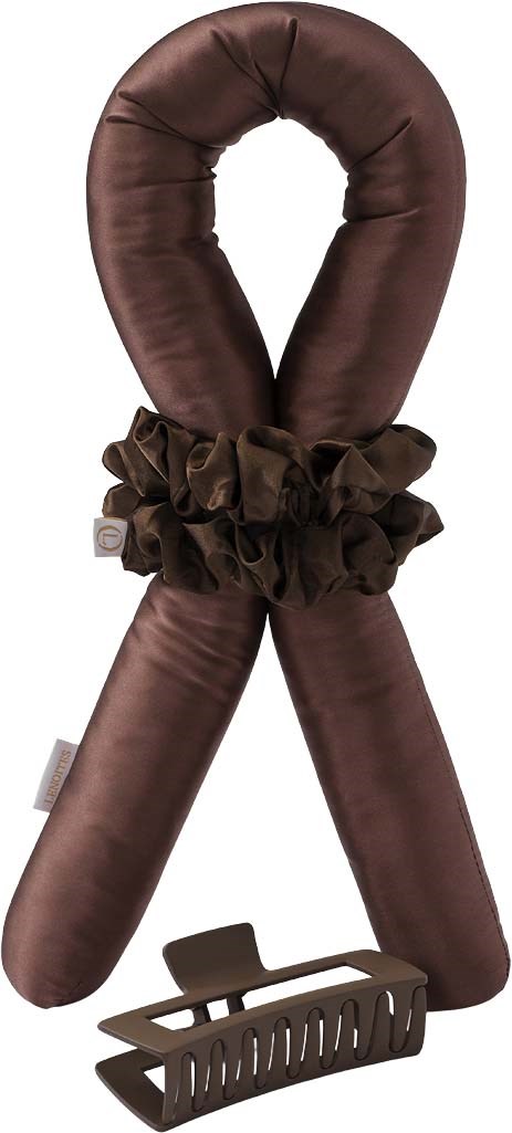 A brown U-shaped cushion with a ruffled band, a foot scraper, and a small label.