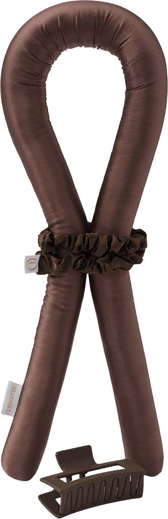 A brown U-shaped object with a black ruffle and a clip at the bottom, possibly a hair or clothing accessory.