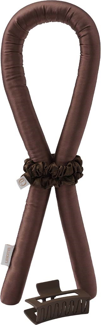 A brown headband with a scrunchie and a small clip attached.