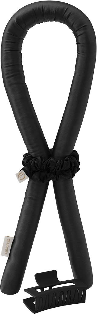 A black bicycle lock with a flexible, curved shape and a small clip at the bottom.