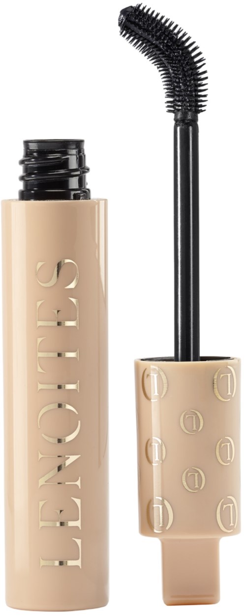 Bourjois ögonfransmascara med böjd borste och beige tub med embossat logo.