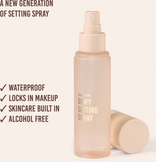 A spray bottle features a new setting spray with waterproof, makeup-locking, skincare, and alcohol-free properties.